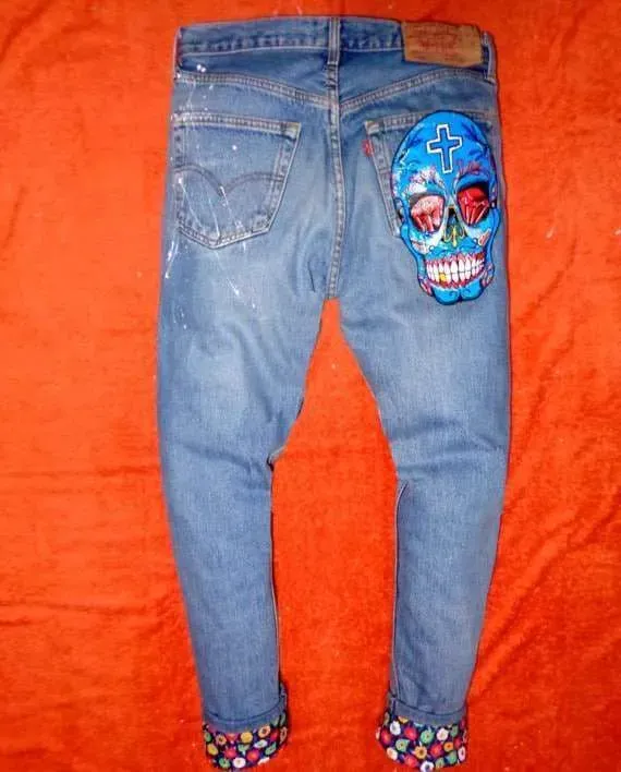 Levi's Vintage Teschio Old School Blu jeans dipinto mano