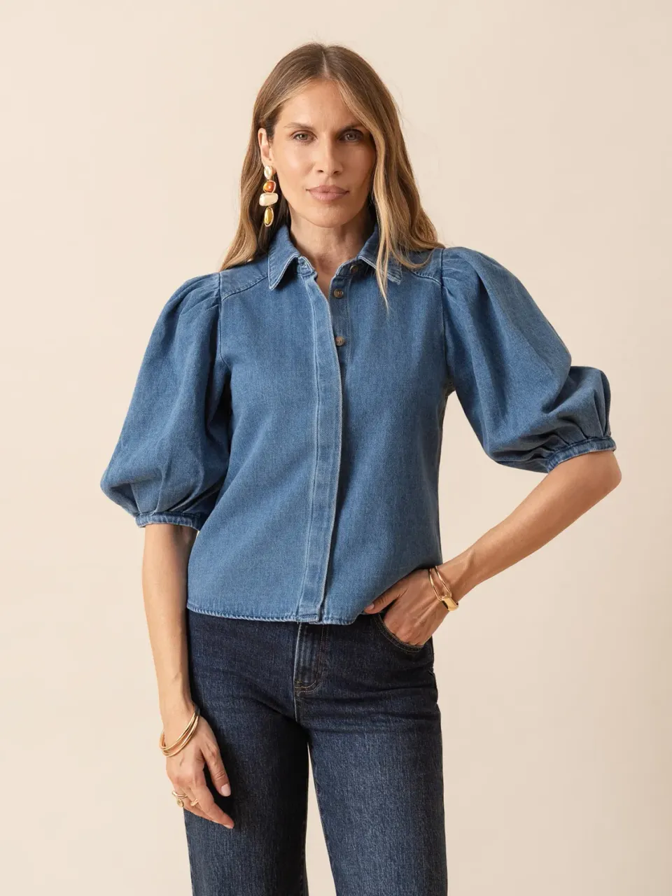 Oraije Cléa camicia denim blu stone maniche bouffantes