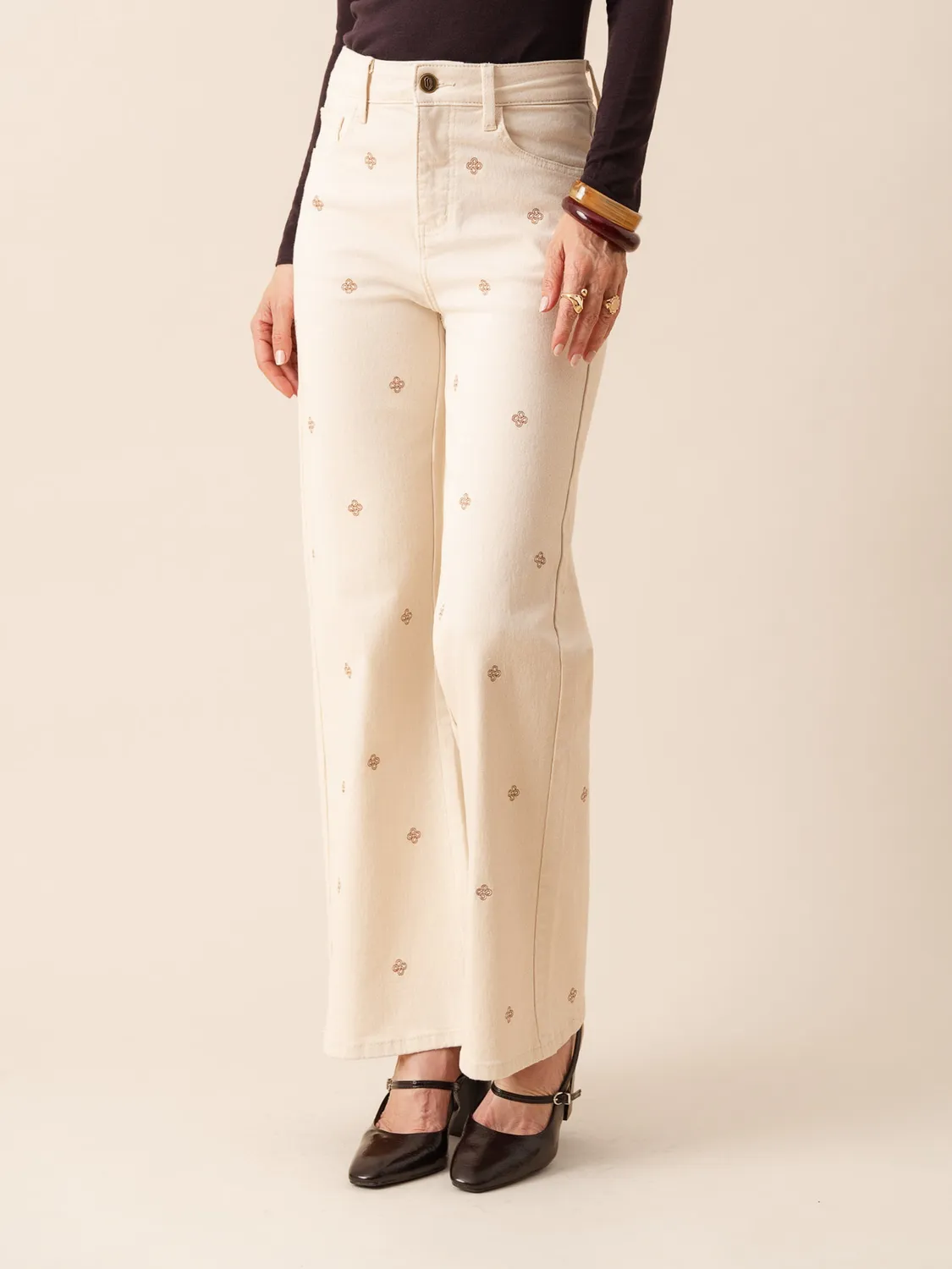 Oraije Doris jeans wide beige ricamato