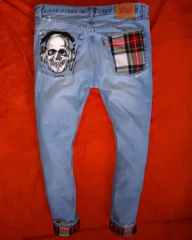 Levi's Vintage Teschio Scozzese jeans dipinti a mano su misura