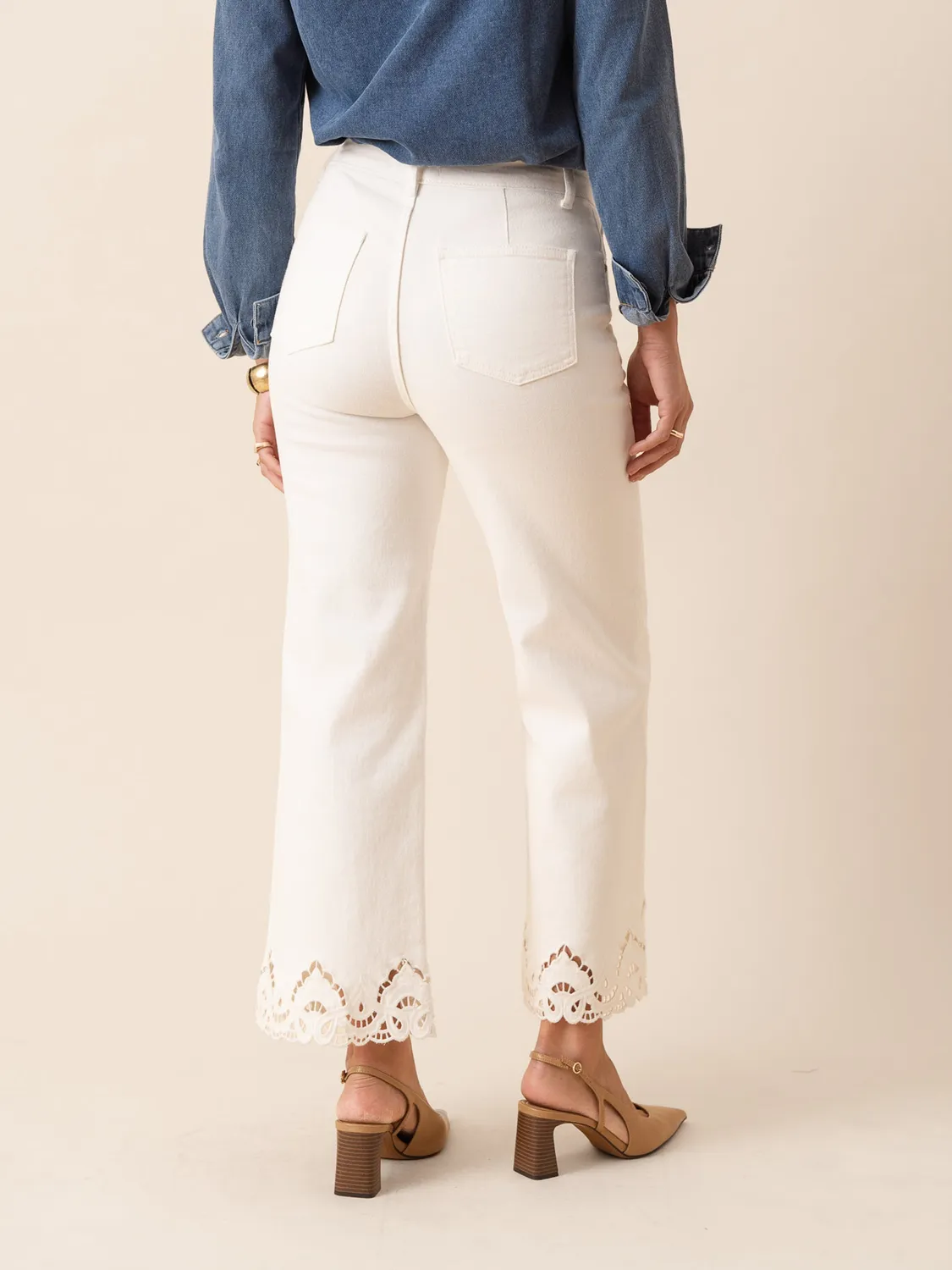 Oraije Nola jeans wide bianco pizzo inglese