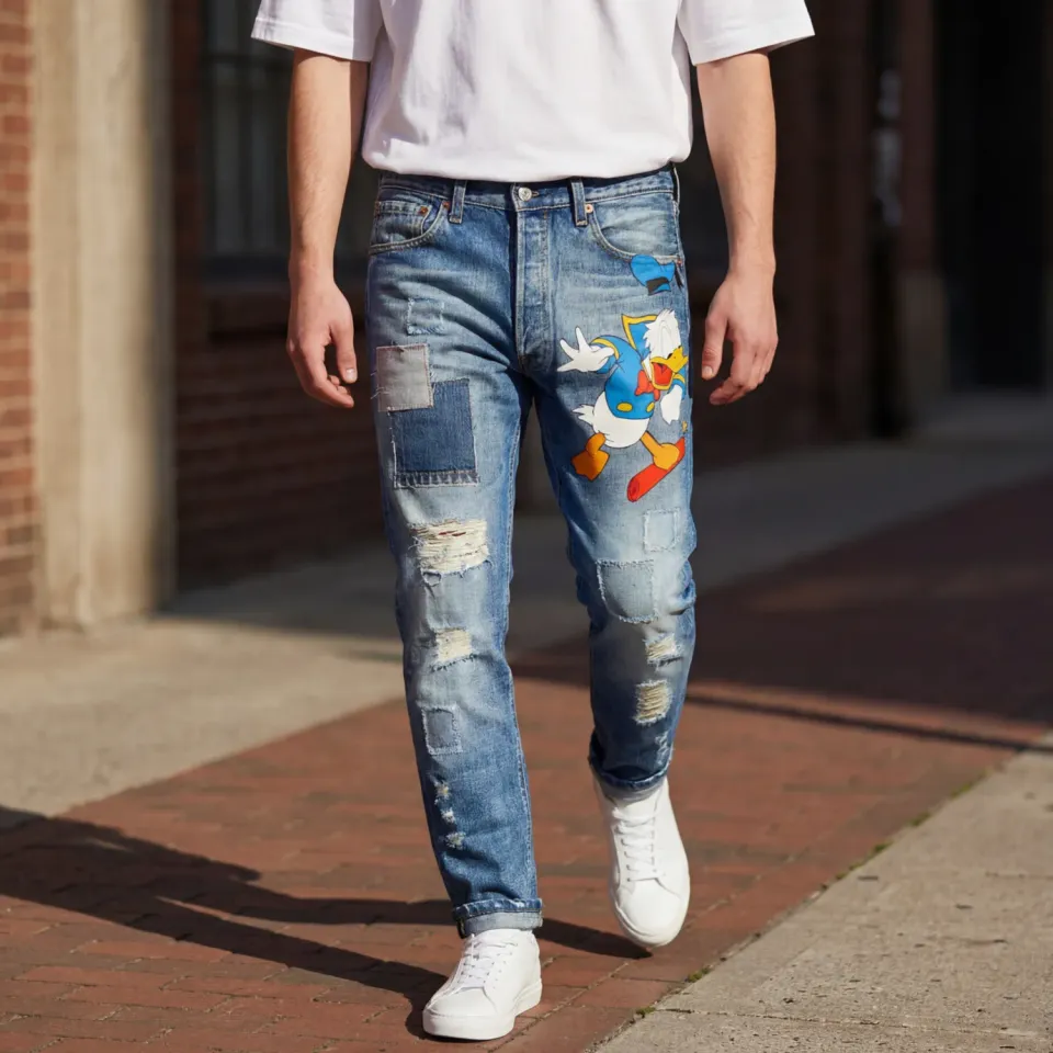 Levi’s Vintage Paperino 2020 jeans dipinti a mano cartoon