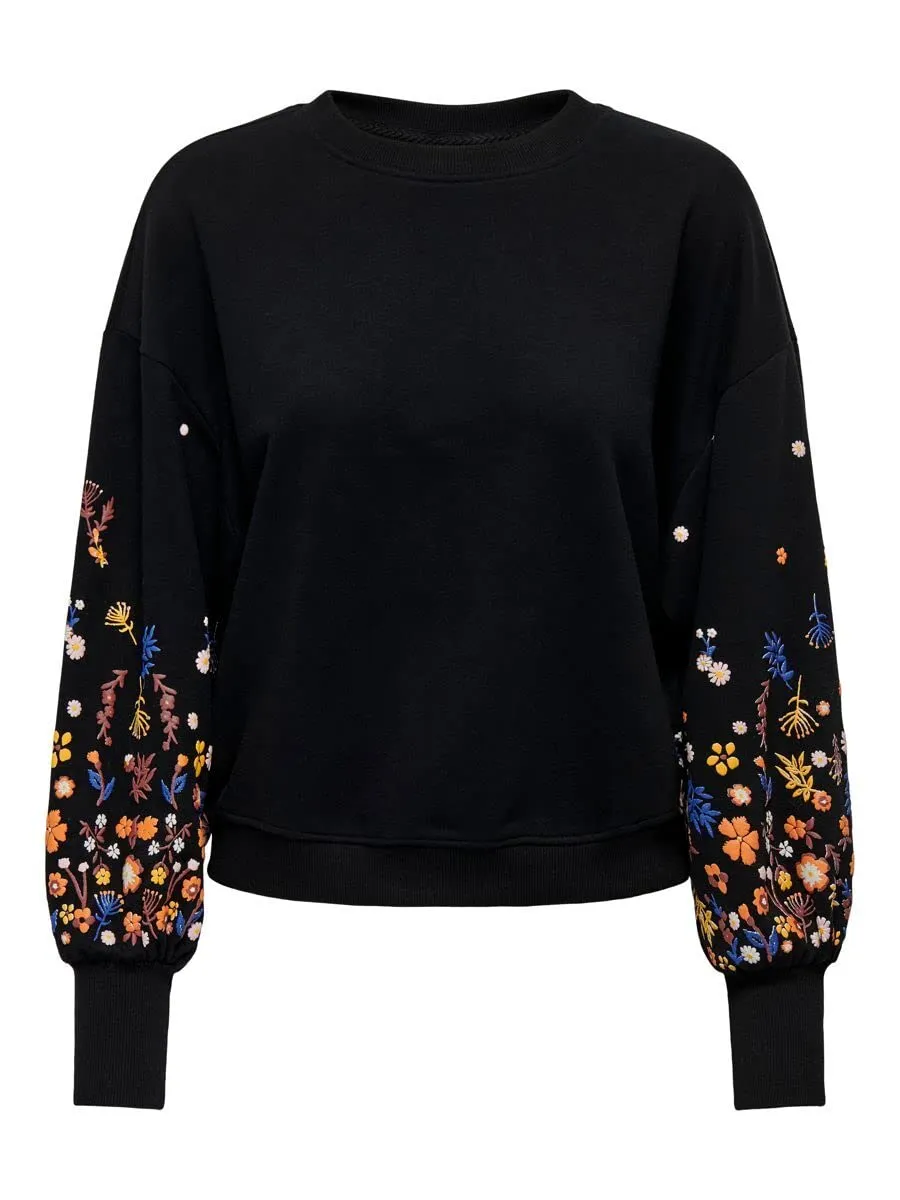 ONLY Onlbrooke L/S O-Neck felpa nera manica fiore