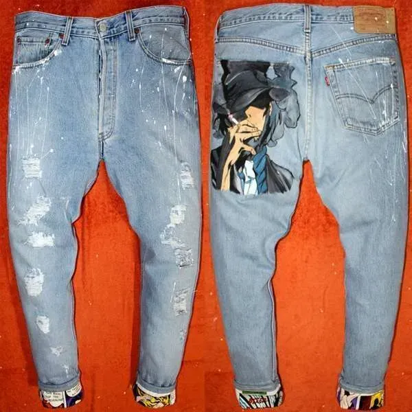 Levi's Vintage Jigen Lupin jeans dipinti a mano su misura