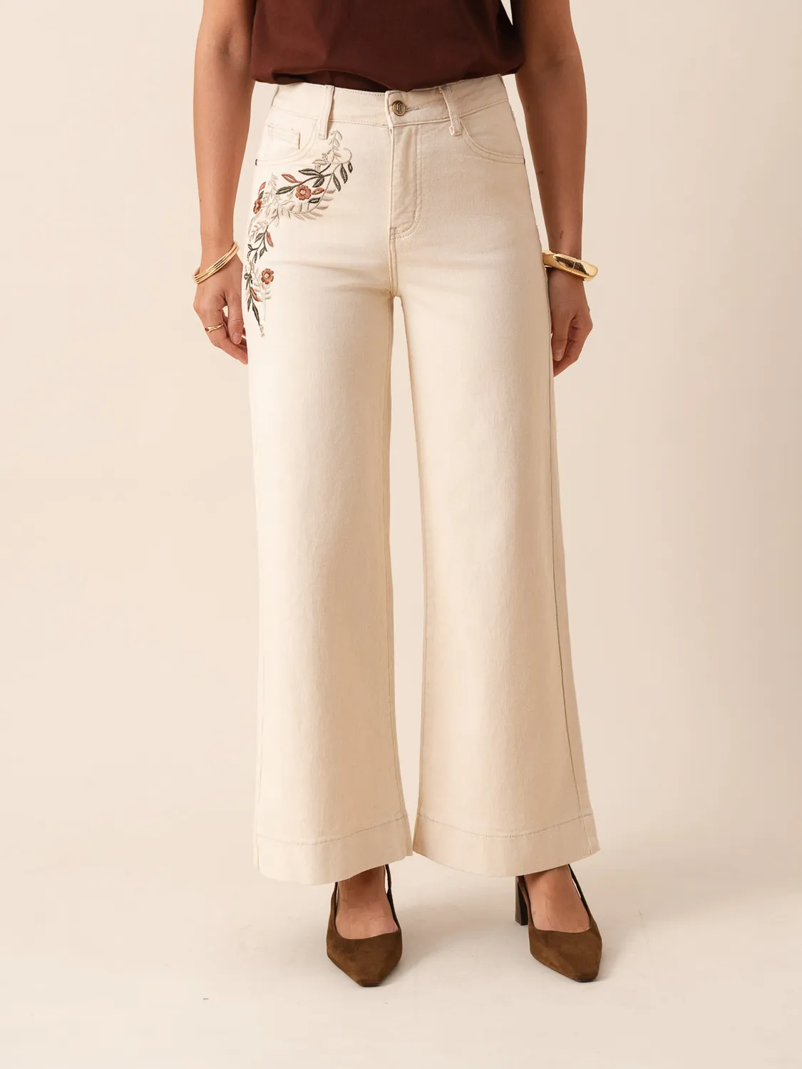 Oraije Boho jeans wide beige ricamo