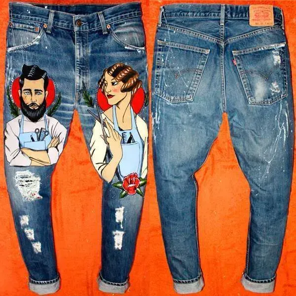 Never Say Never Levi's Vintage Jeans Barber 07 dipinti a mano