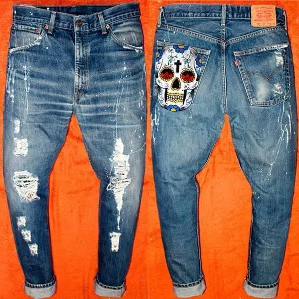 Never Say Never Teschio Messicano 07 jeans dipinti a mano