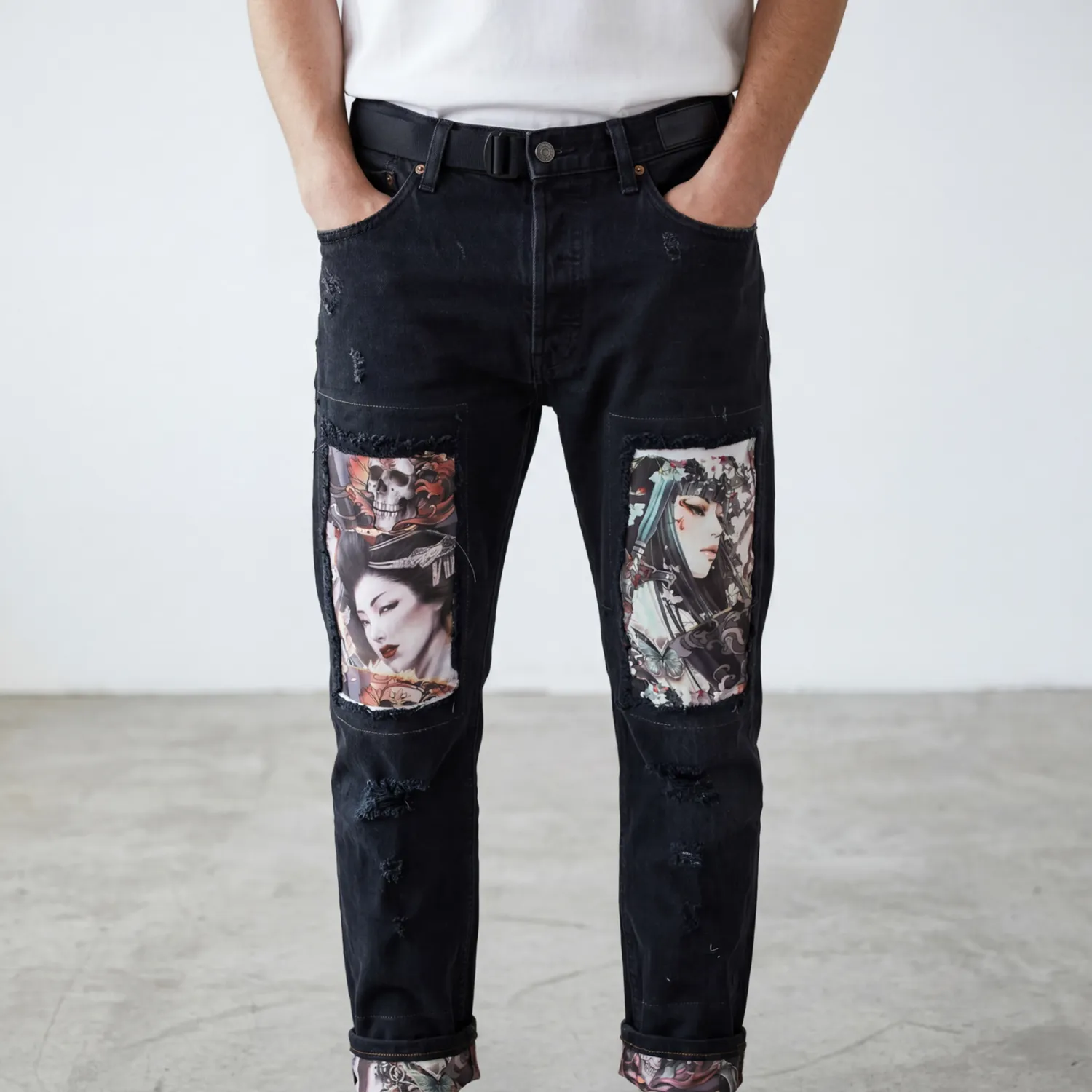 Never Say Never Levi's Vintage Geisha Warriors jeans custom retrò
