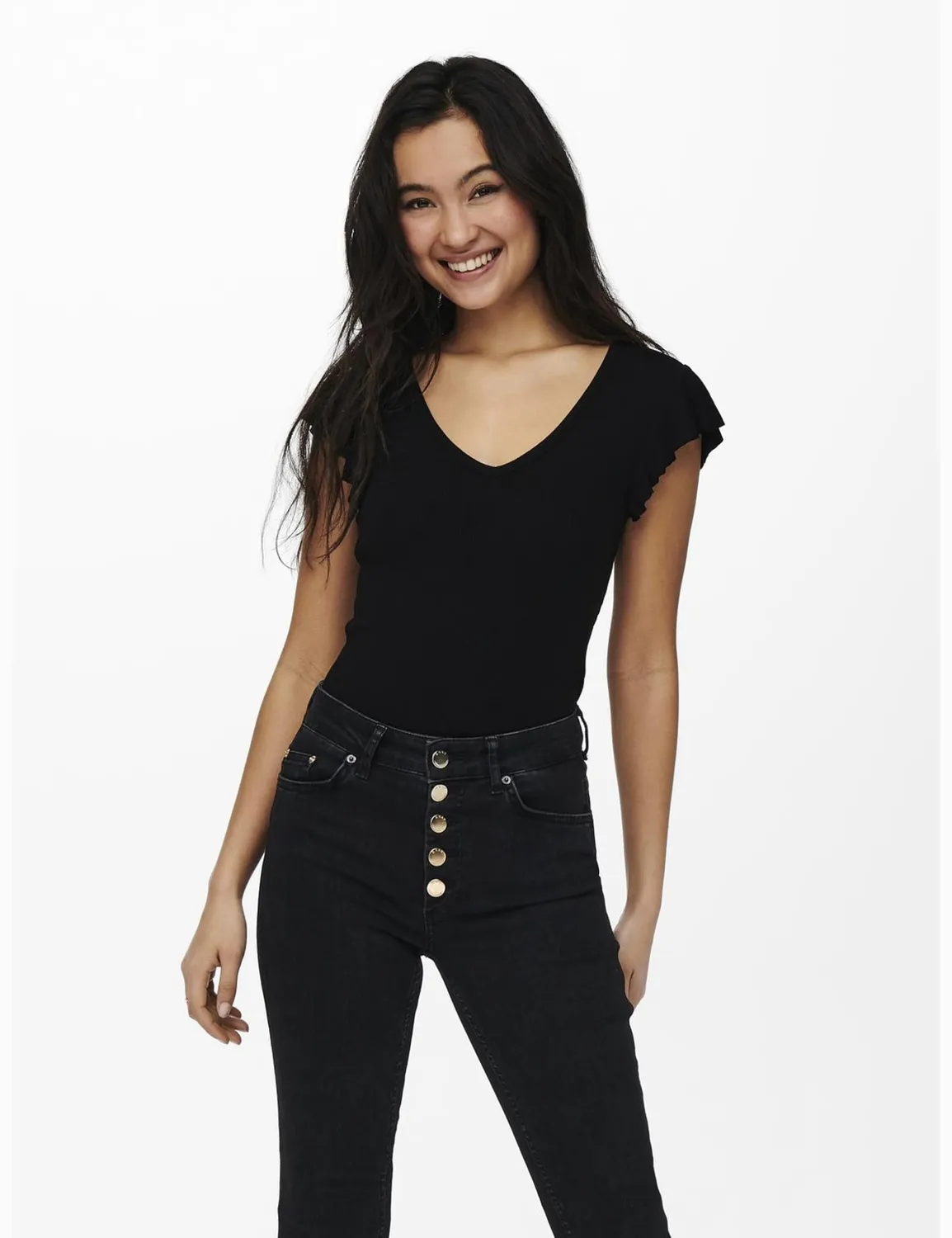 Only Onlmay Life top donna nero scollo V con volant