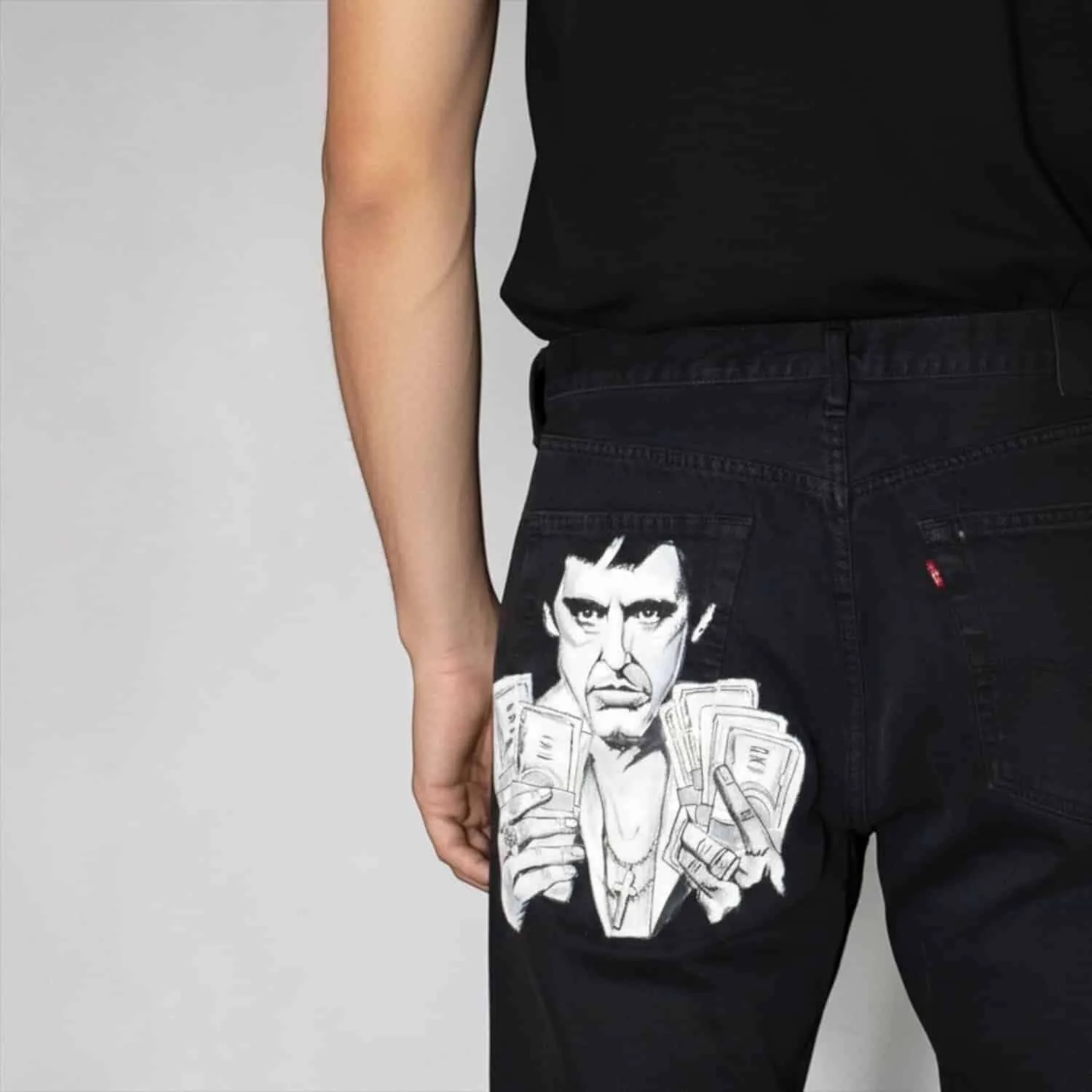 Never Say Never Scarface jeans dipinti a mano neri vintage