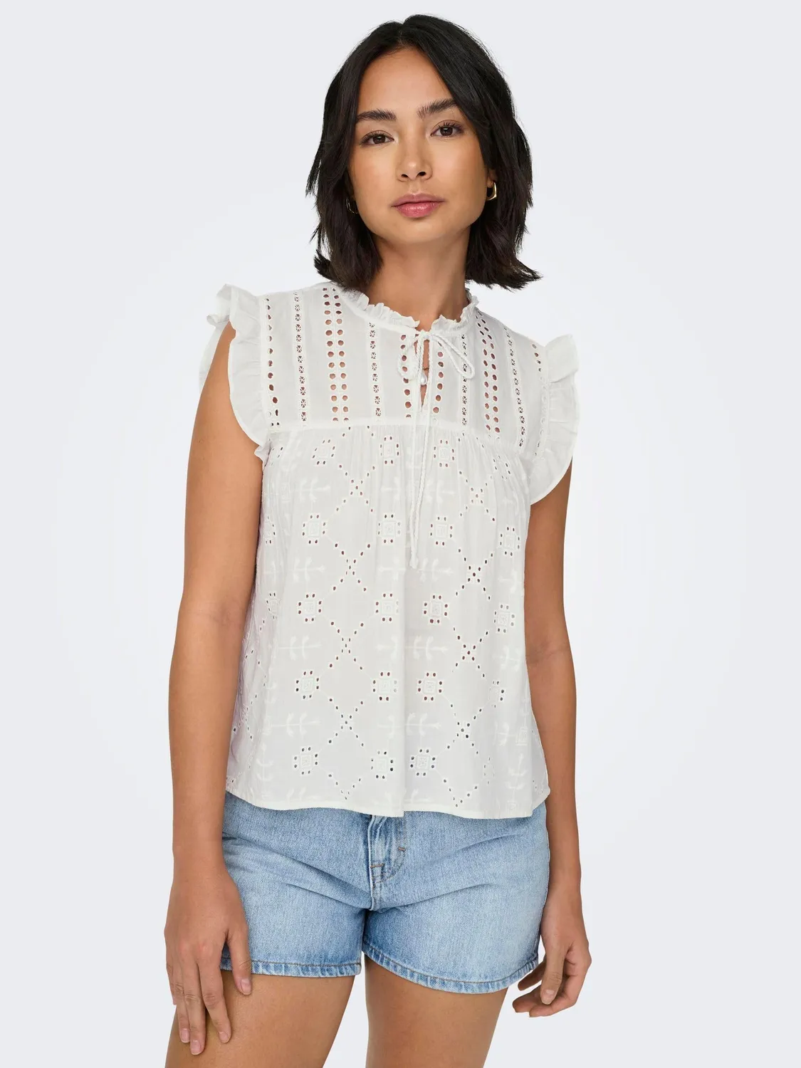 ONLY Onlreva Life S/L Emb Wvn Noos top bianco XS ricamato