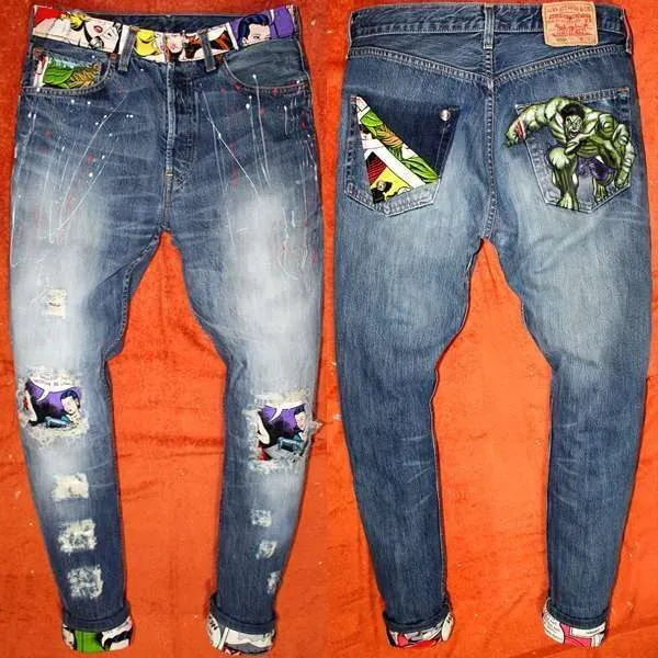 Never Say Never Hulk Fumetto jeans dipinti a mano vintage