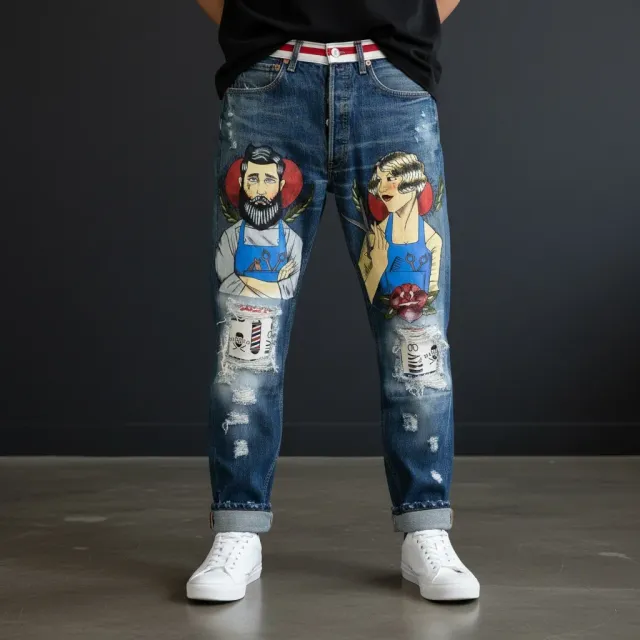 Levi's Vintage Barber Man and Woman jeans dipinti mano