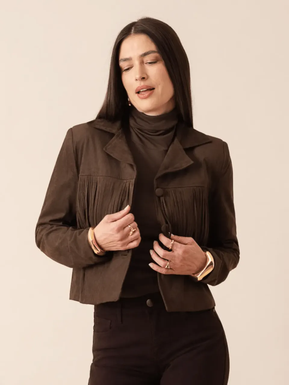 Oraije Dory giacca frange cioccolato suede