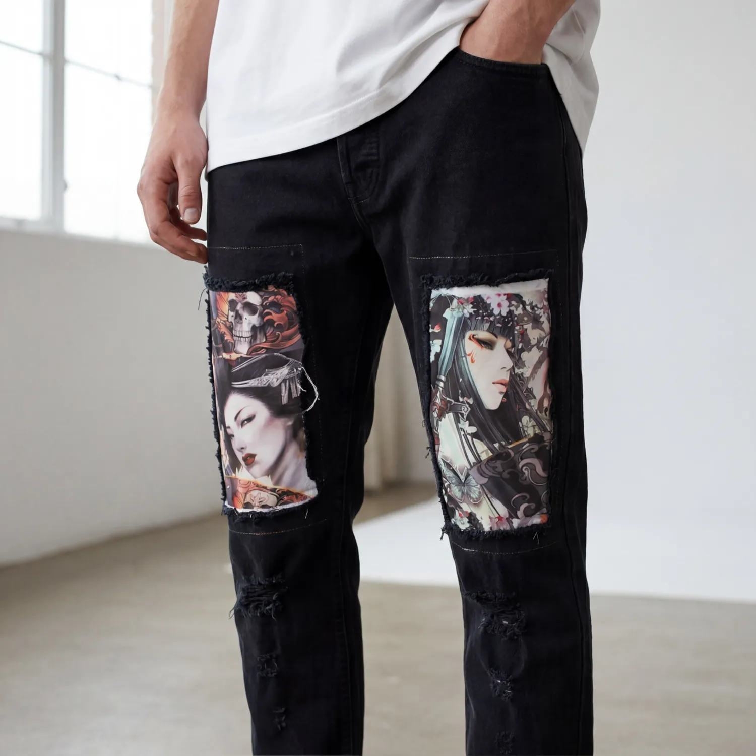 Never Say Never Levi's Vintage Geisha Warriors jeans custom retrò