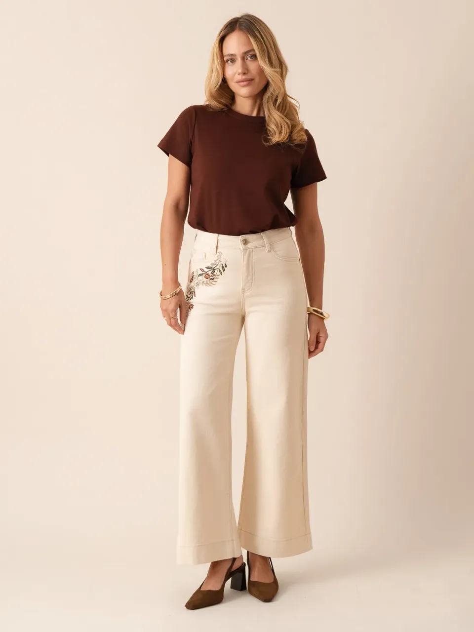 Oraije Boho jeans wide beige ricamo