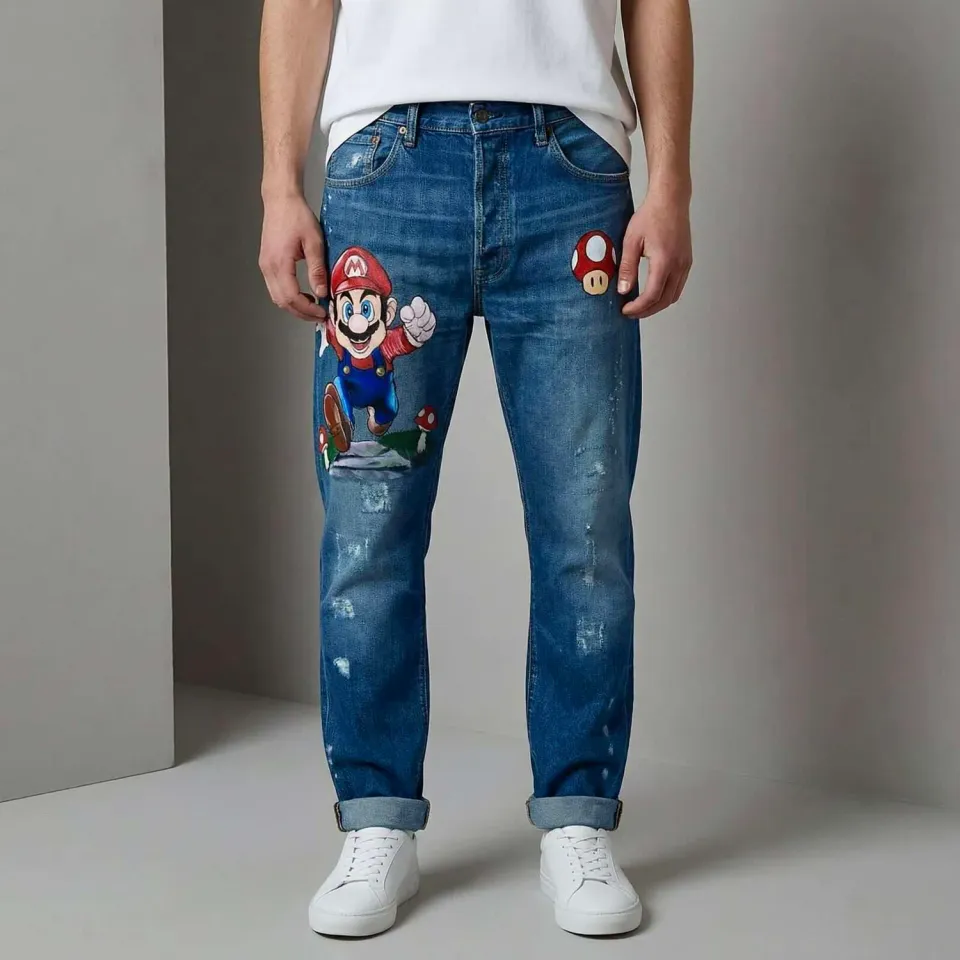 Never Say Never Levi's Vintage Super Mario Bros Jeans Dipinti Mano