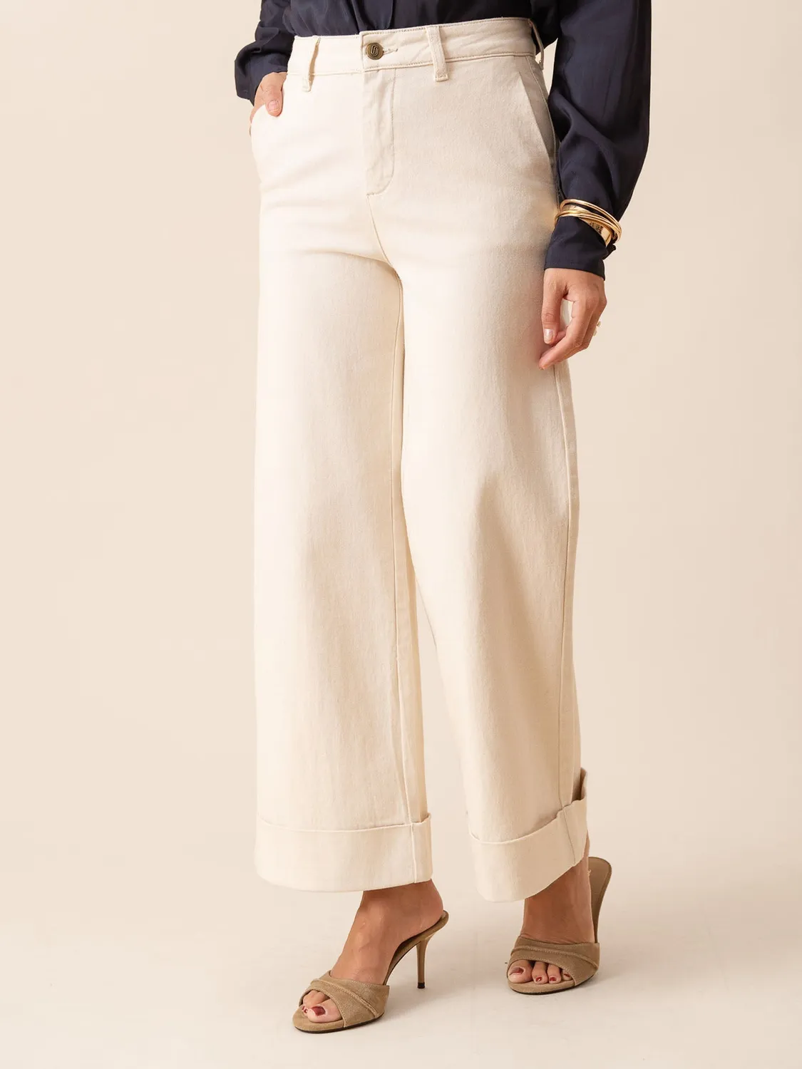 Oraije Vichy jeans wide beige naturale cotone