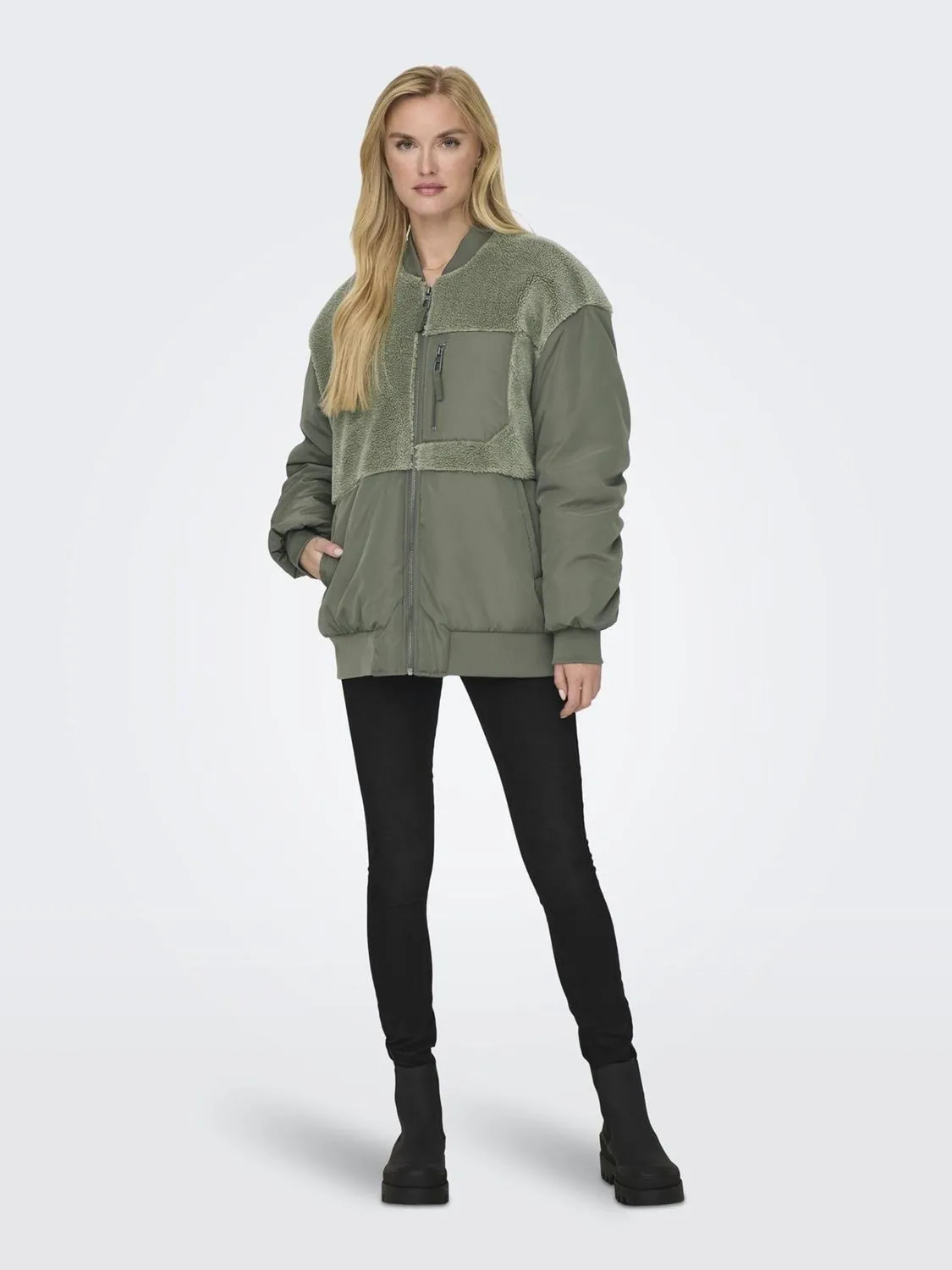 ONLY Onlemmy giacca teddy M verde collo tondo zip