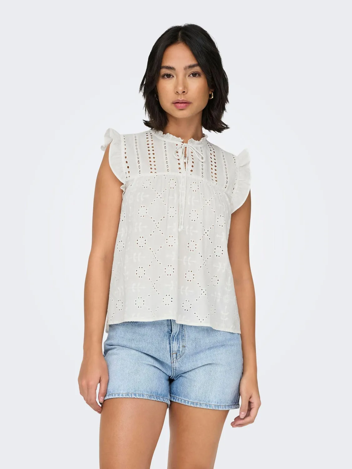 ONLY Onlreva Life S/L Emb Wvn Noos top bianco XS ricamato