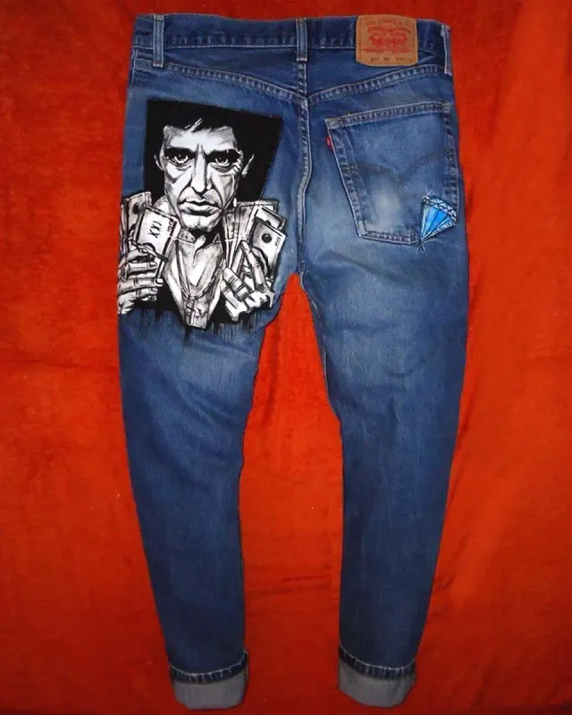 Never Say Never Scarface Tony Montana jeans dipinti a mano